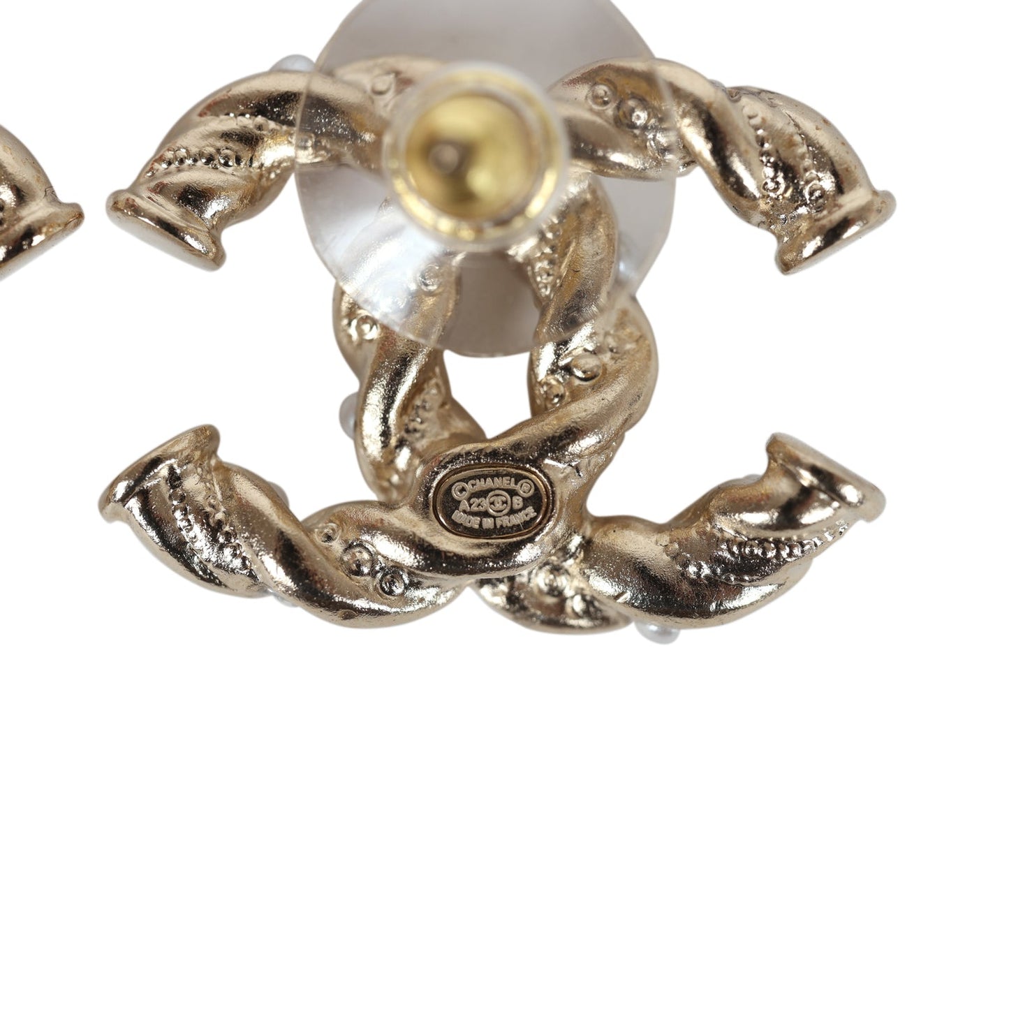Chanel Twisted CC Light Pink and White Crystal and Pearl Earrings Gold Metal Hardware