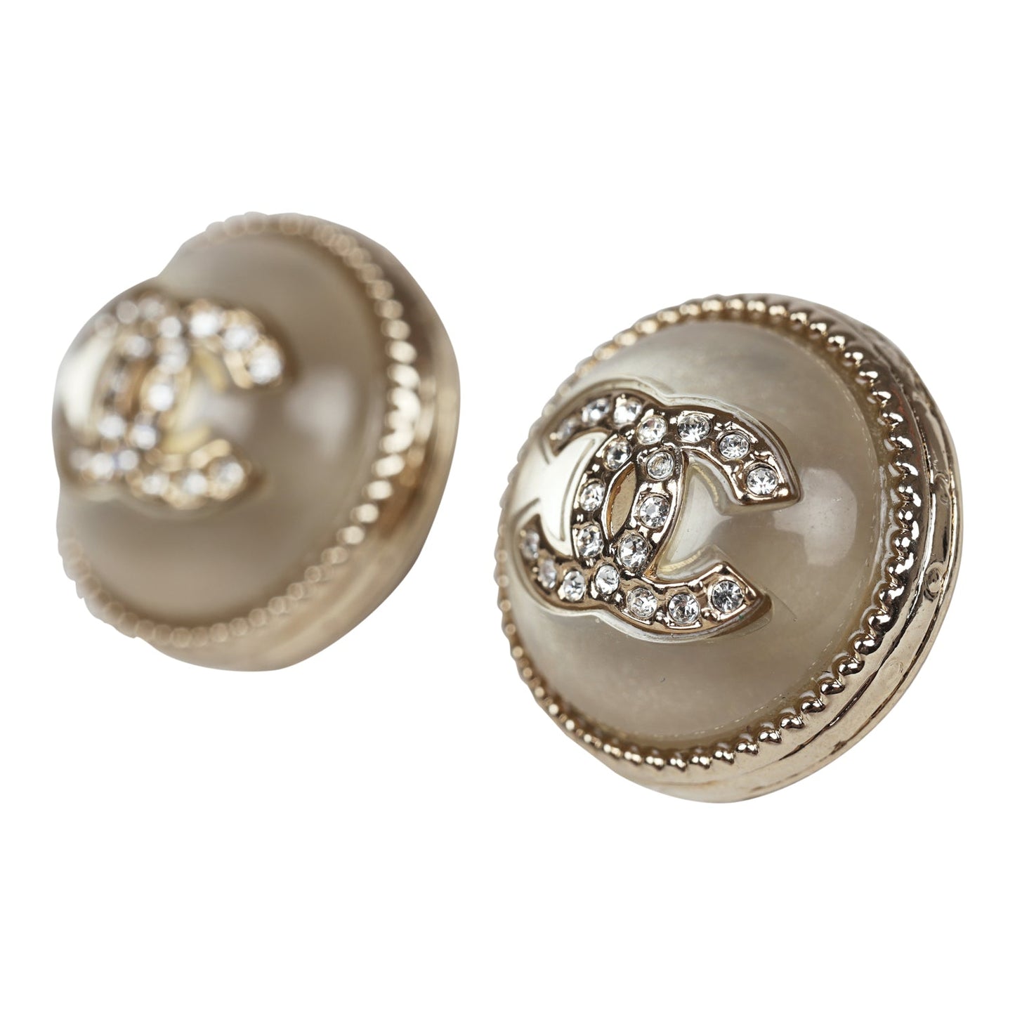 Chanel Crystal CC Round Pearl Button Earrings Light Gold Hardware