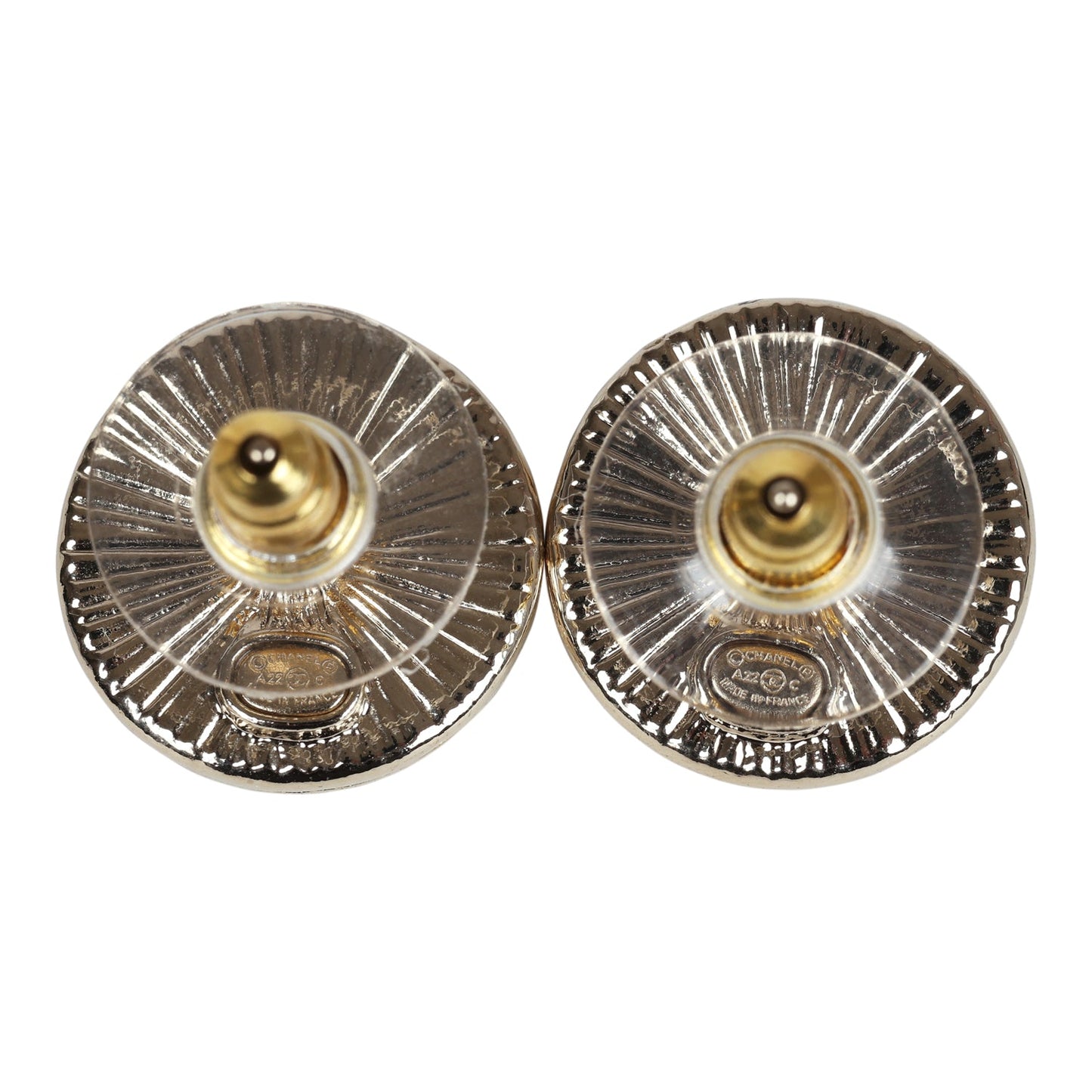 Chanel Crystal CC Round Pearl Button Earrings Light Gold Hardware