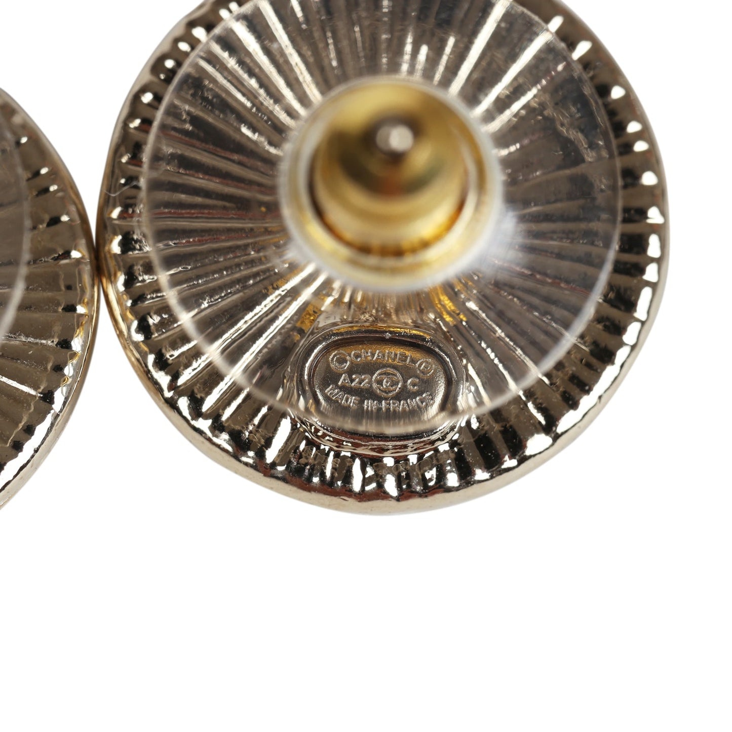Chanel Crystal CC Round Pearl Button Earrings Light Gold Hardware