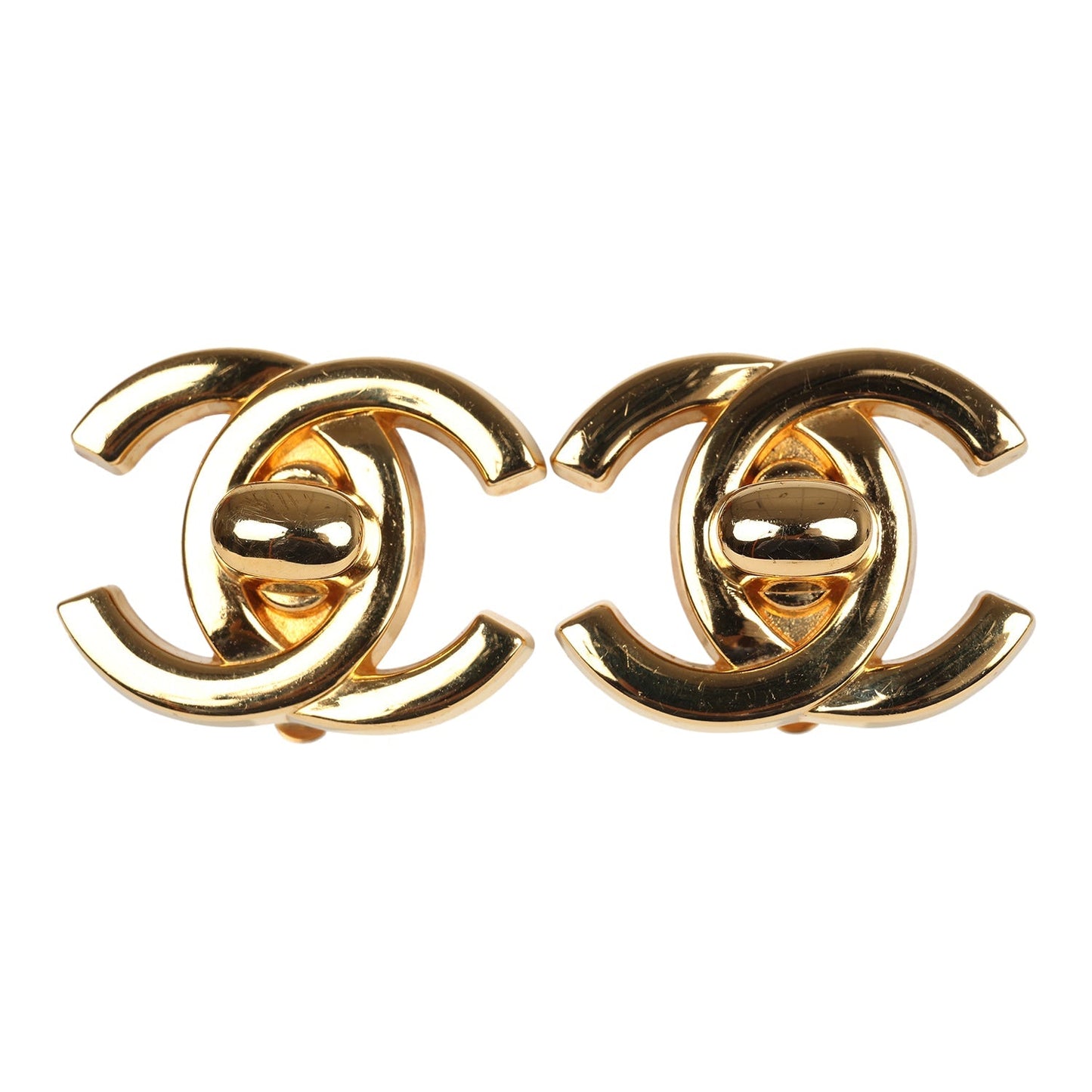 Chanel Vintage 24K Gold Plated Large CC Turnlock Earrings