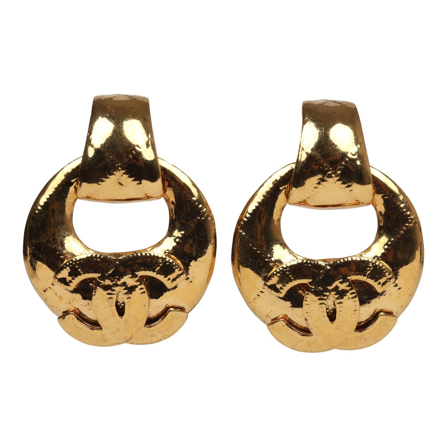 Chanel Vintage Large CC Quilted Knocker Hoop Earrings Gold Hardware