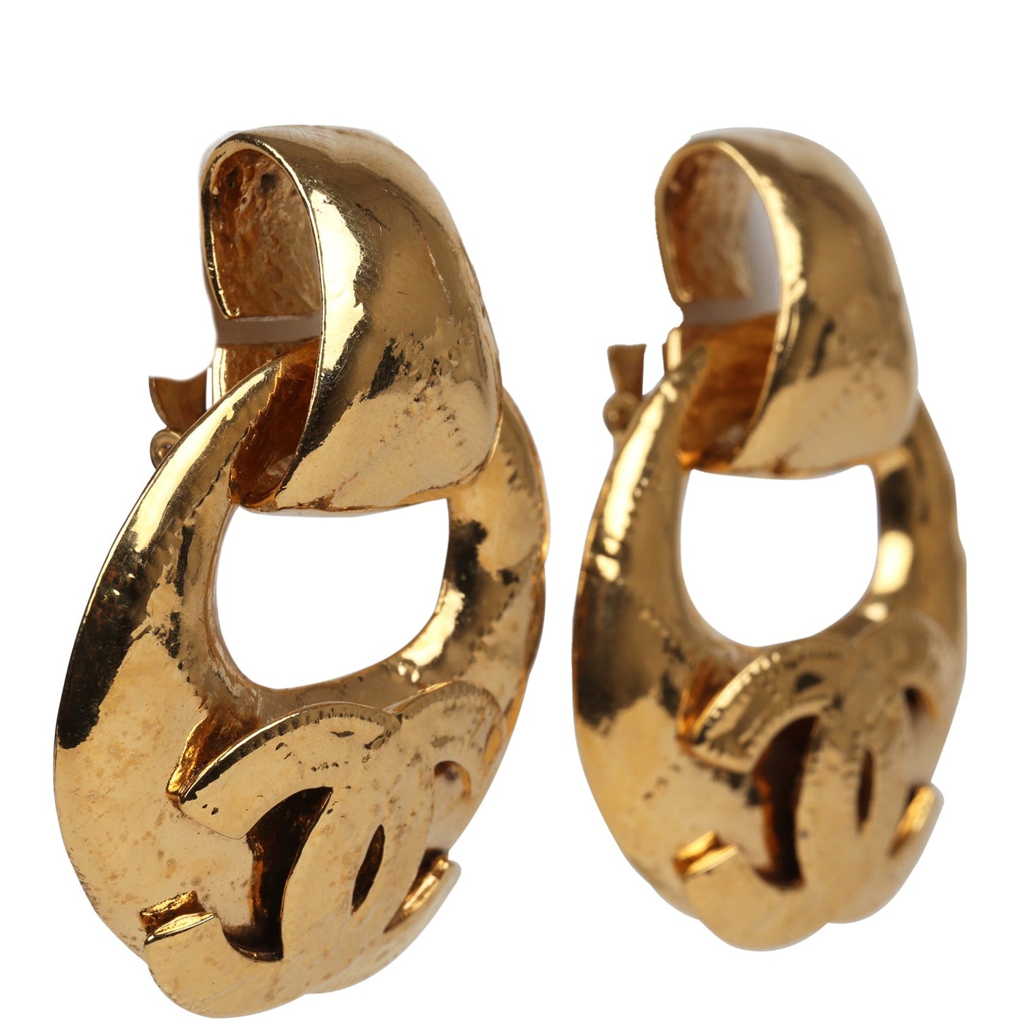Chanel Vintage Large CC Quilted Knocker Hoop Earrings Gold Hardware