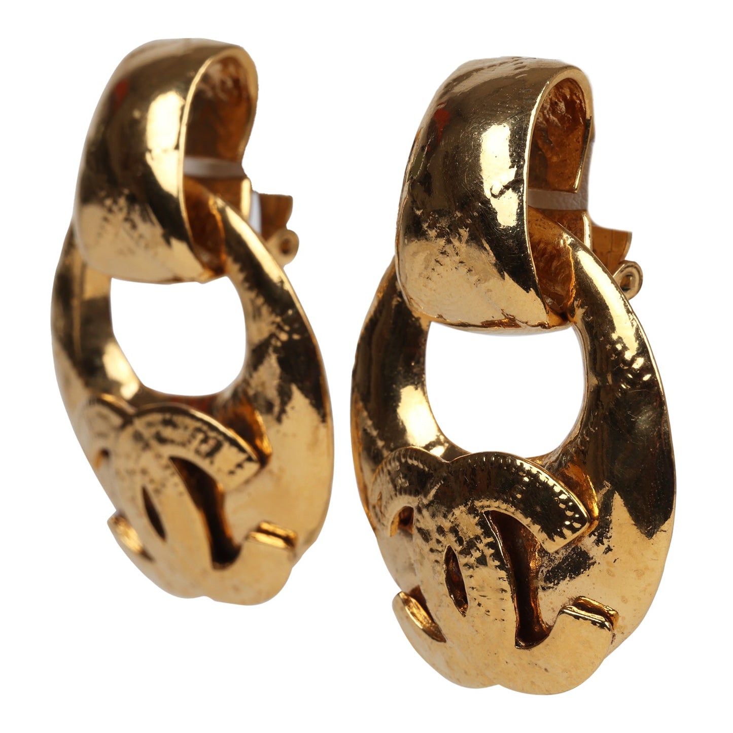 Chanel Vintage Large CC Quilted Knocker Hoop Earrings Gold Hardware