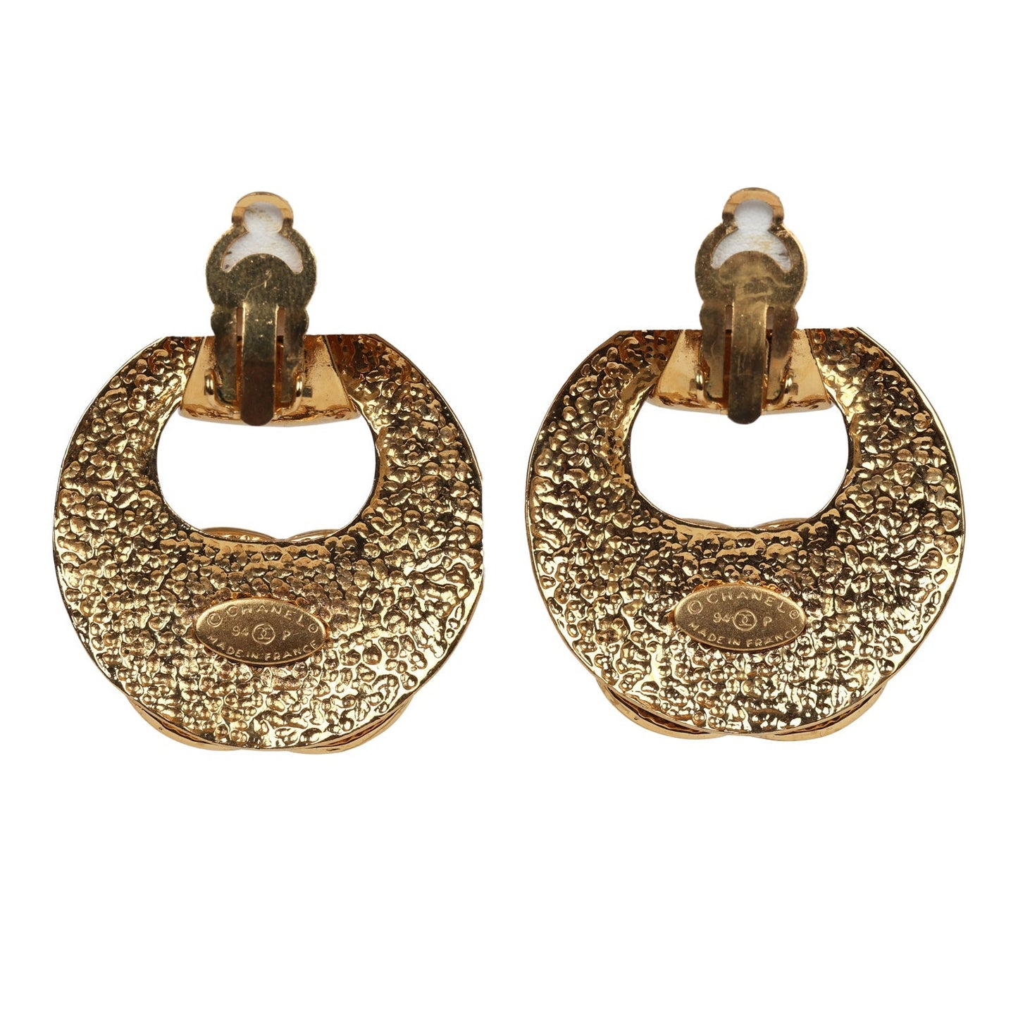 Chanel Vintage Large CC Quilted Knocker Hoop Earrings Gold Hardware