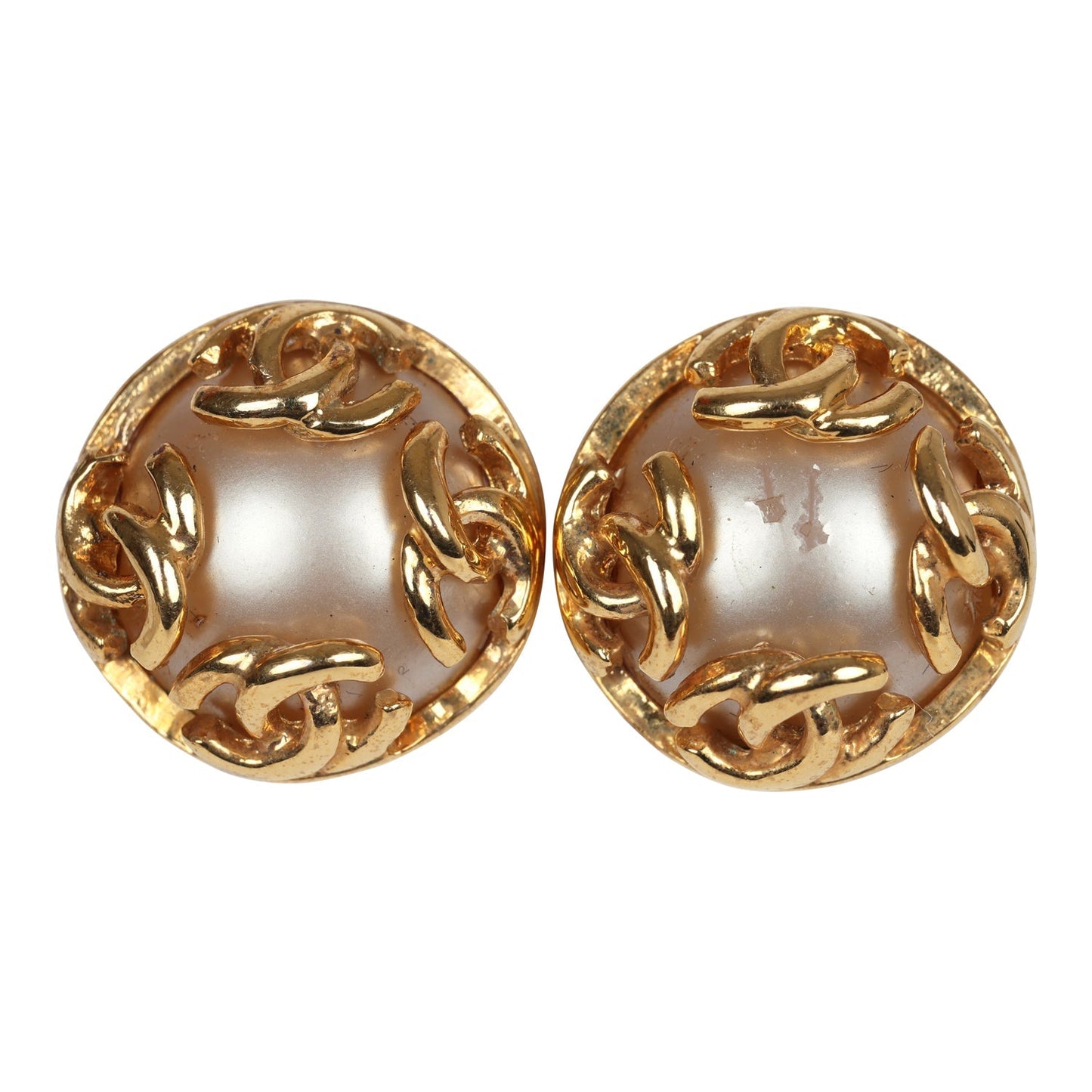 Chanel Vintage 24K Gold Plated CC Round Pearl Earrings Gold Hardware