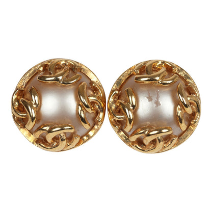 Chanel Vintage 24K Gold Plated CC Round Pearl Earrings Gold Hardware