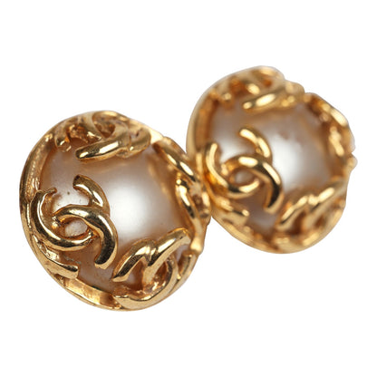 Chanel Vintage 24K Gold Plated CC Round Pearl Earrings Gold Hardware