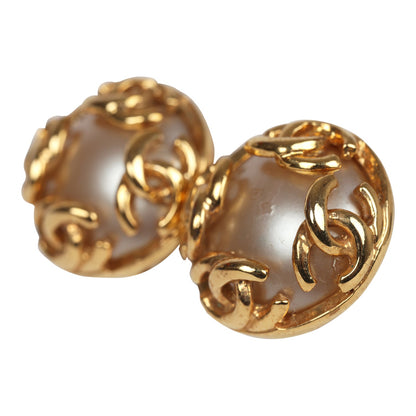 Chanel Vintage 24K Gold Plated CC Round Pearl Earrings Gold Hardware