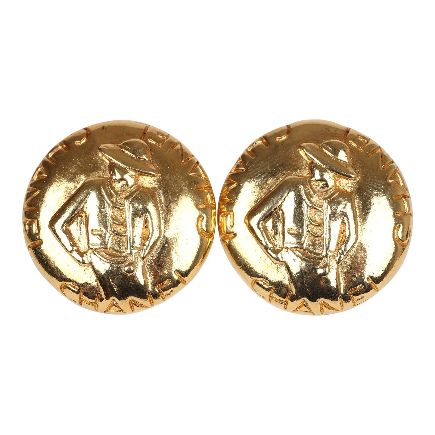 Chanel Vintage 24K Gold Plated Round Coco Mademoiselle Earrings