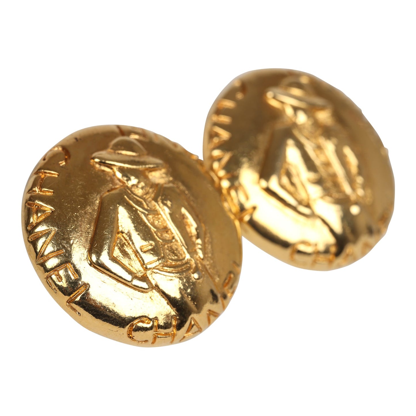 Chanel Vintage 24K Gold Plated Round Coco Mademoiselle Earrings