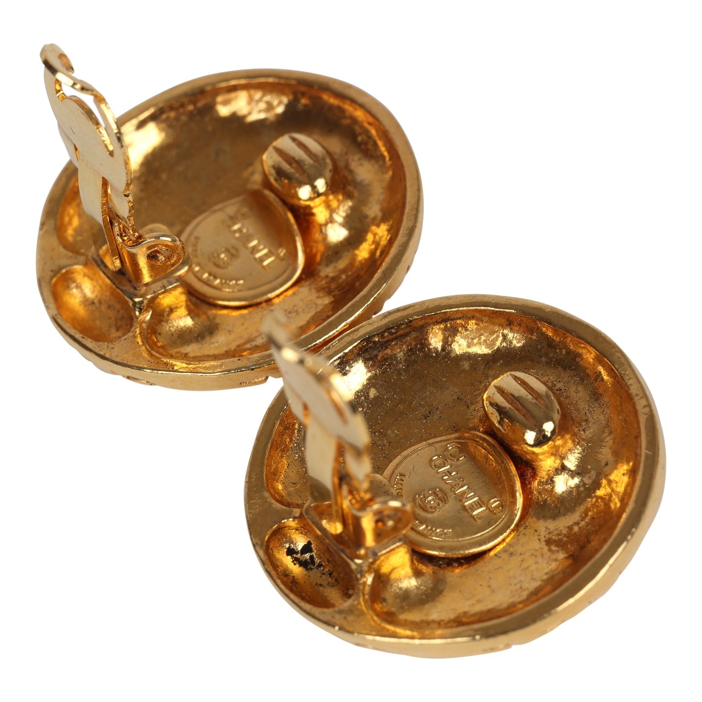 Chanel Vintage 24K Gold Plated Round Coco Mademoiselle Earrings