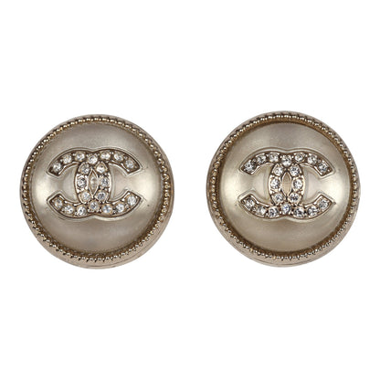 Chanel Crystal CC Round Pearl Button Earrings Light Gold Hardware