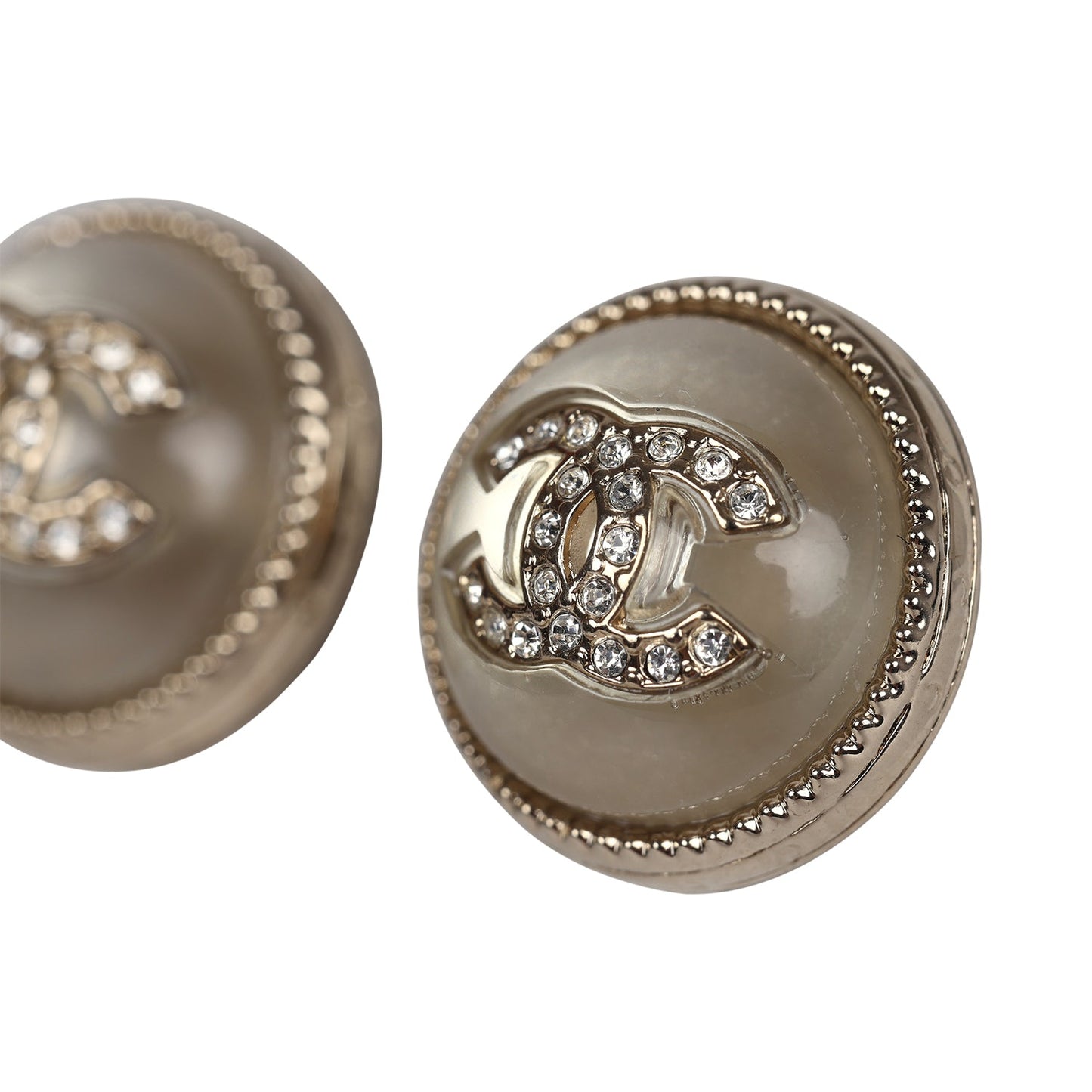 Chanel Crystal CC Round Pearl Button Earrings Light Gold Hardware