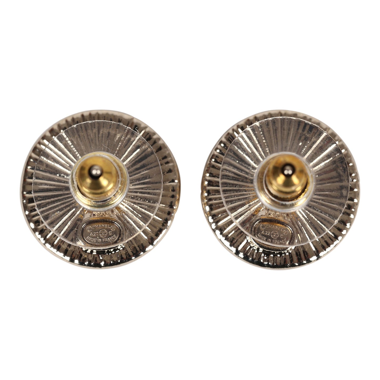 Chanel Crystal CC Round Pearl Button Earrings Light Gold Hardware