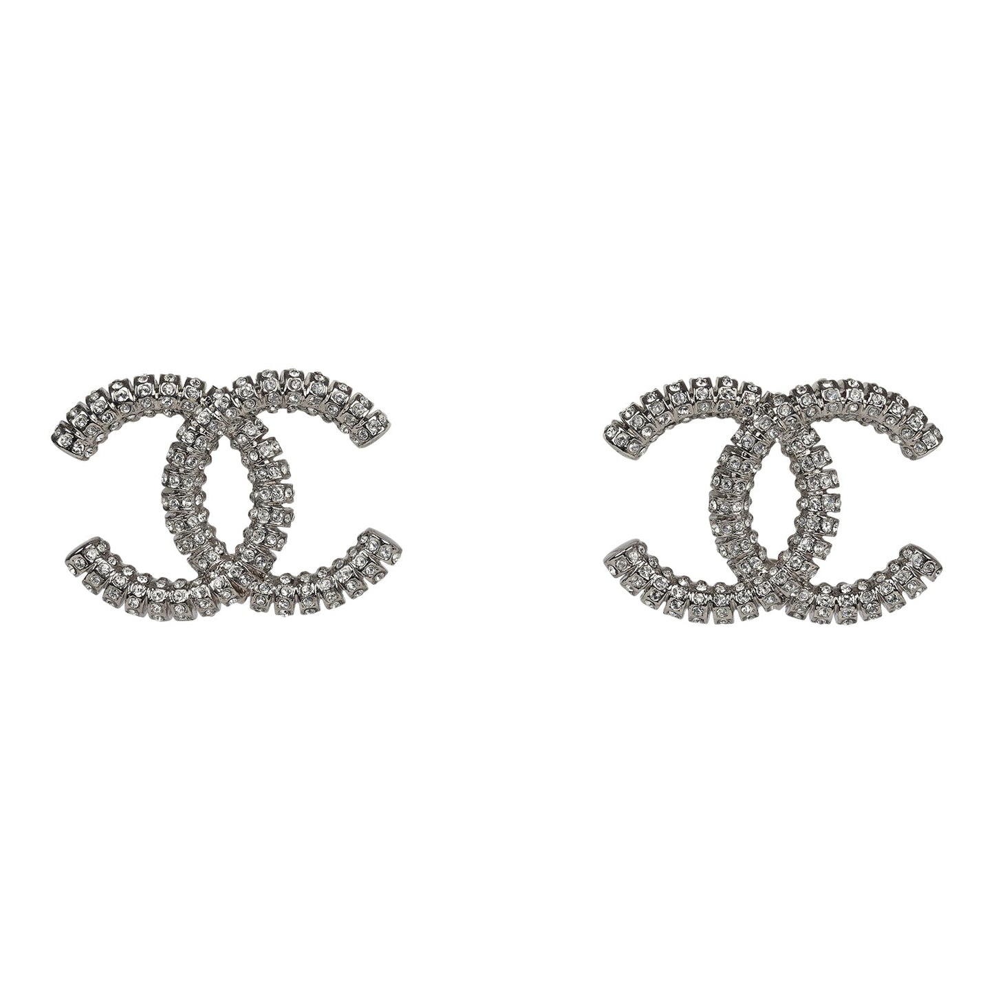 Chanel Large Crystal CC Stud Earrings Silver Hardware