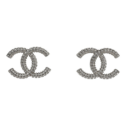 Chanel Large Crystal CC Stud Earrings Silver Hardware