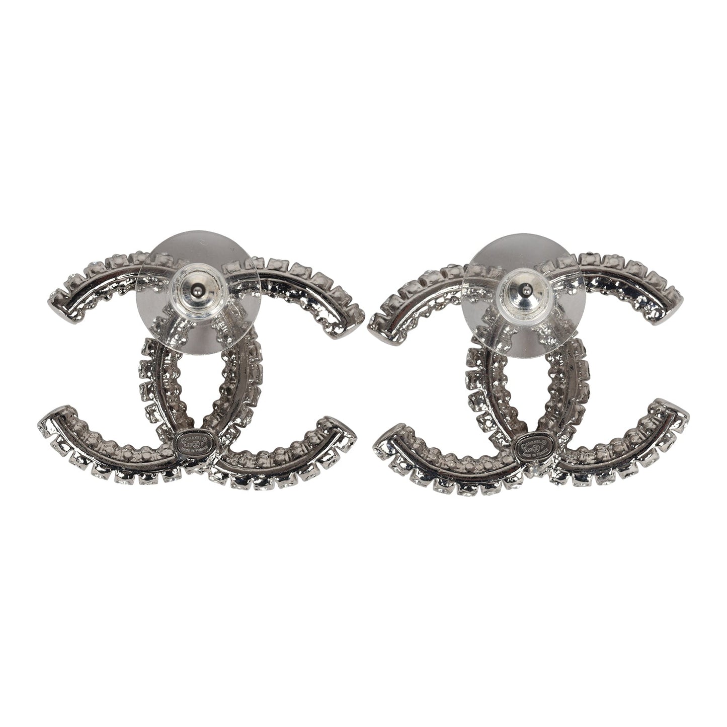 Chanel Large Crystal CC Stud Earrings Silver Hardware