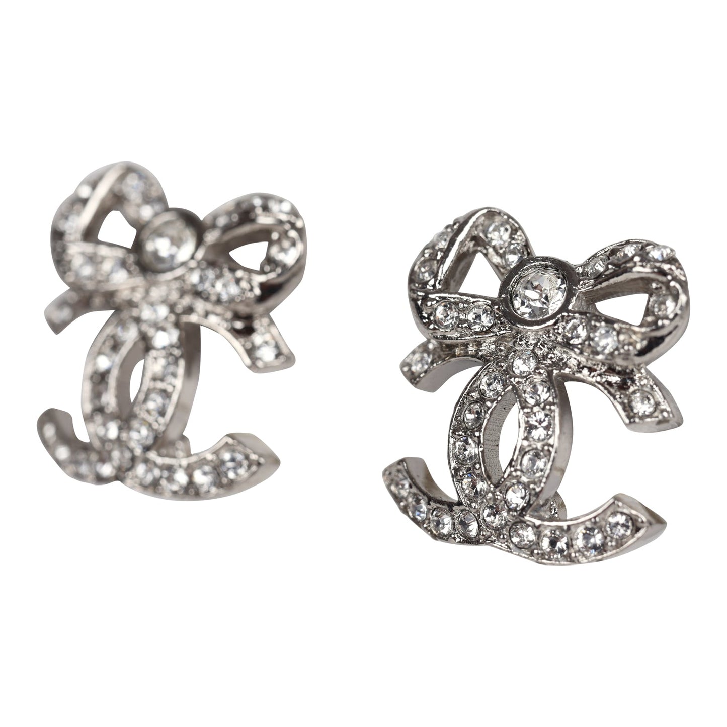 Chanel Mini Crystal Bow CC Stud Earrings Silver Hardware