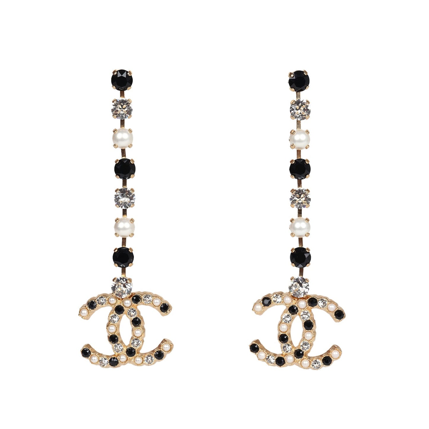 Chanel CC Black/White Crystals and Pearls Drop Earrings Gold Hardware