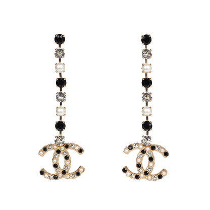 Chanel CC Black/White Crystals and Pearls Drop Earrings Gold Hardware