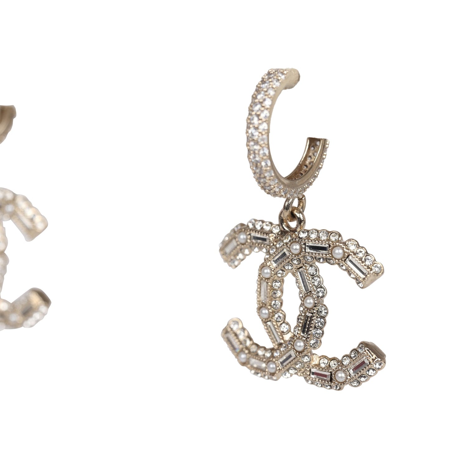 Chanel Crystal CC Dangle Hoop Earrings Silver Light Gold Hardware