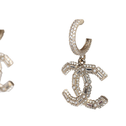 Chanel Crystal CC Dangle Hoop Earrings Silver Light Gold Hardware