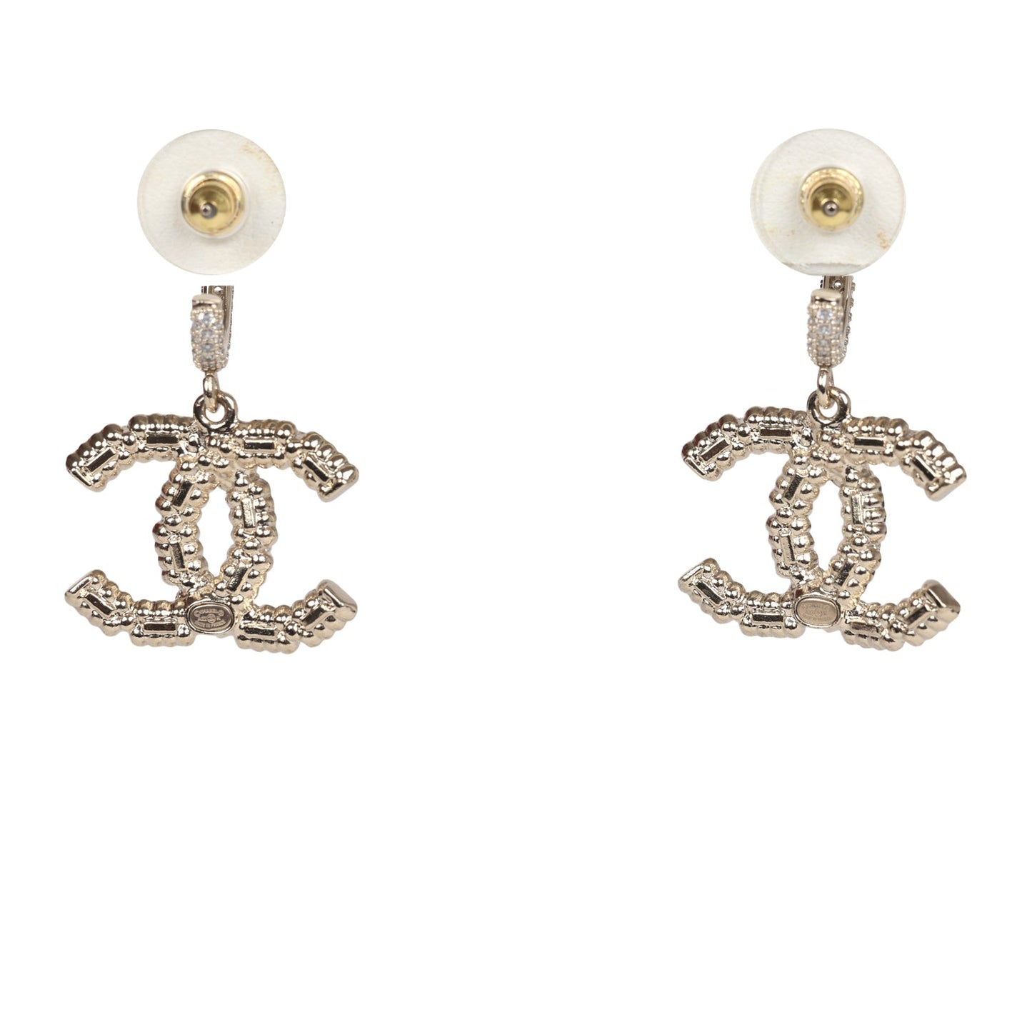 Chanel Crystal CC Dangle Hoop Earrings Silver Light Gold Hardware