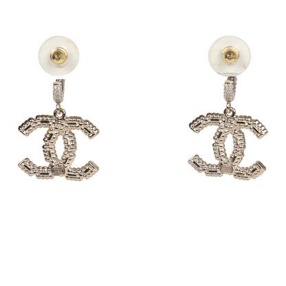 Chanel Crystal CC Dangle Hoop Earrings Silver Light Gold Hardware