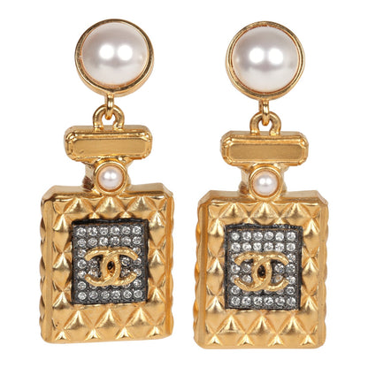 Chanel Crystal Pearl Perfume Bottle Dangle Earrings Gold Hardware