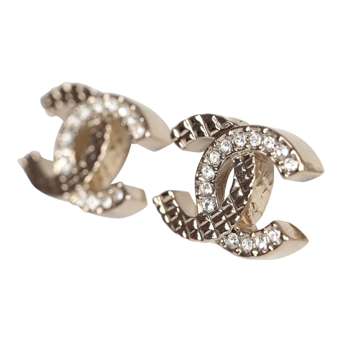 Chanel Small Quilted Crystal CC Stud Earrings Light Gold Hardware