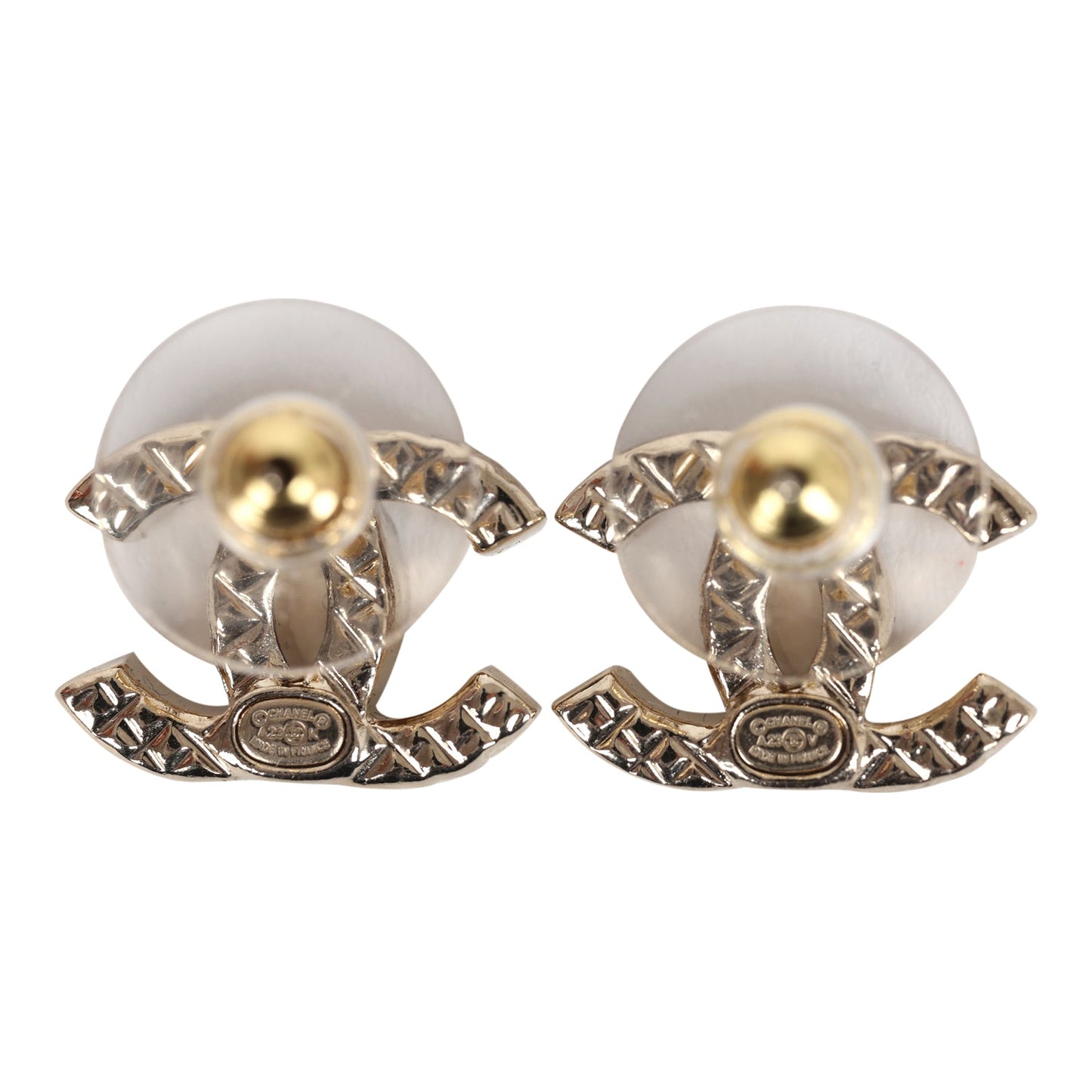 Chanel Small Quilted Crystal CC Stud Earrings Light Gold Hardware