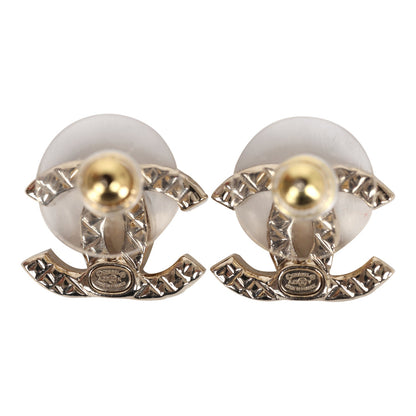 Chanel Small Quilted Crystal CC Stud Earrings Light Gold Hardware