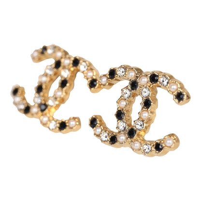 Chanel CC Black/White Crystals and Pearls Stud Earrings Gold Hardware