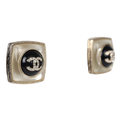 Chanel Crystal CC Square Pearl Stud Earrings Light Gold Hardware