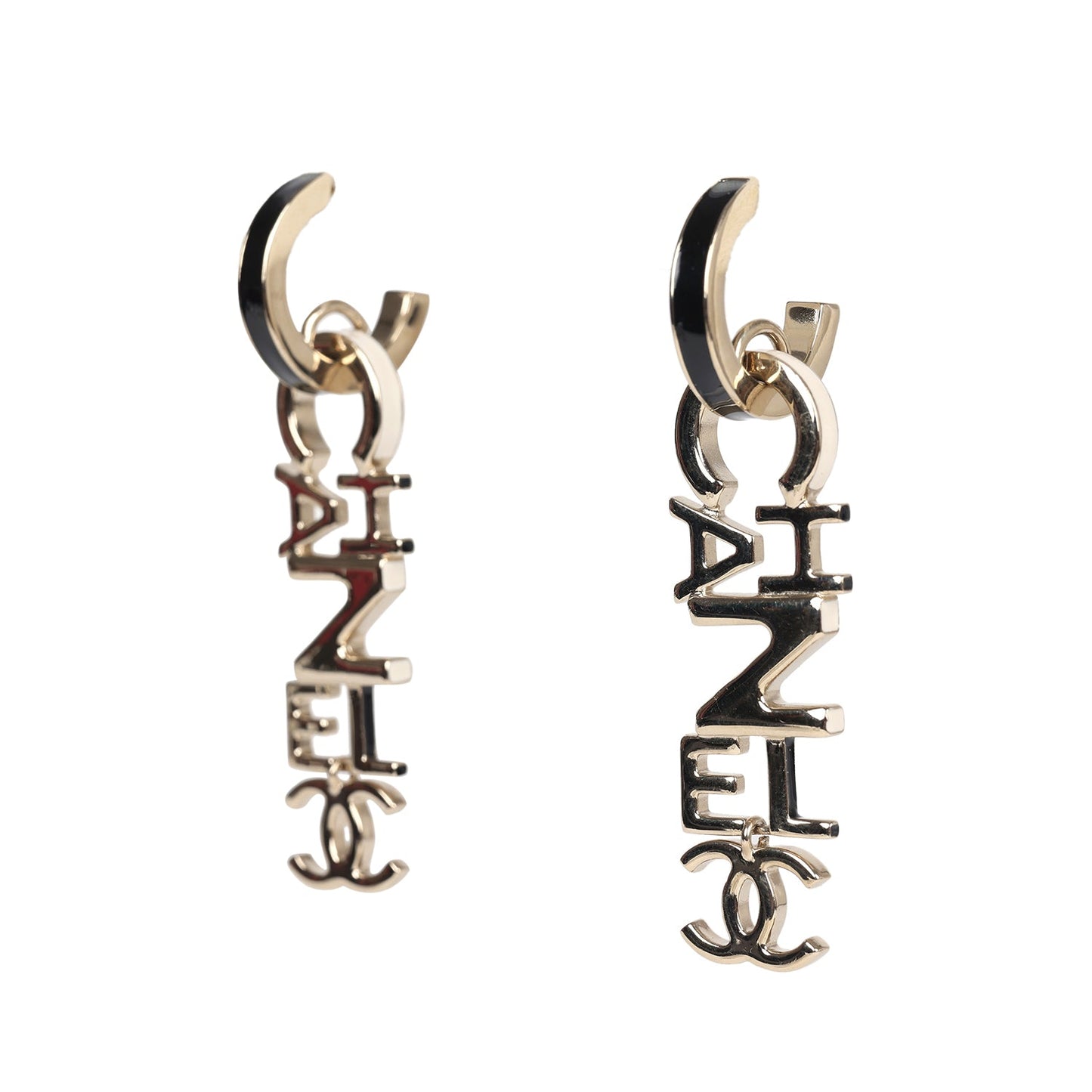Chanel "Chanel" Letter Drop Earrings Black/White Enamel Light Gold Hardware
