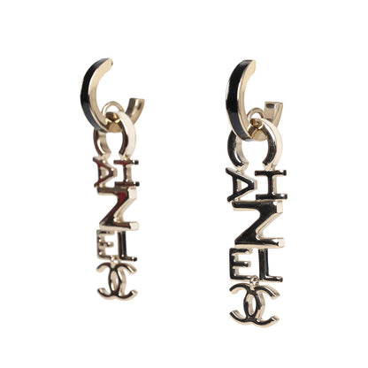 Chanel "Chanel" Letter Drop Earrings Black/White Enamel Light Gold Hardware