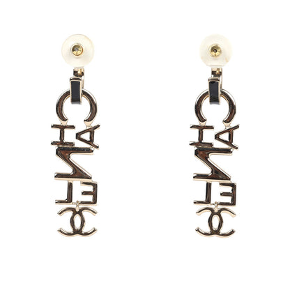 Chanel "Chanel" Letter Drop Earrings Black/White Enamel Light Gold Hardware