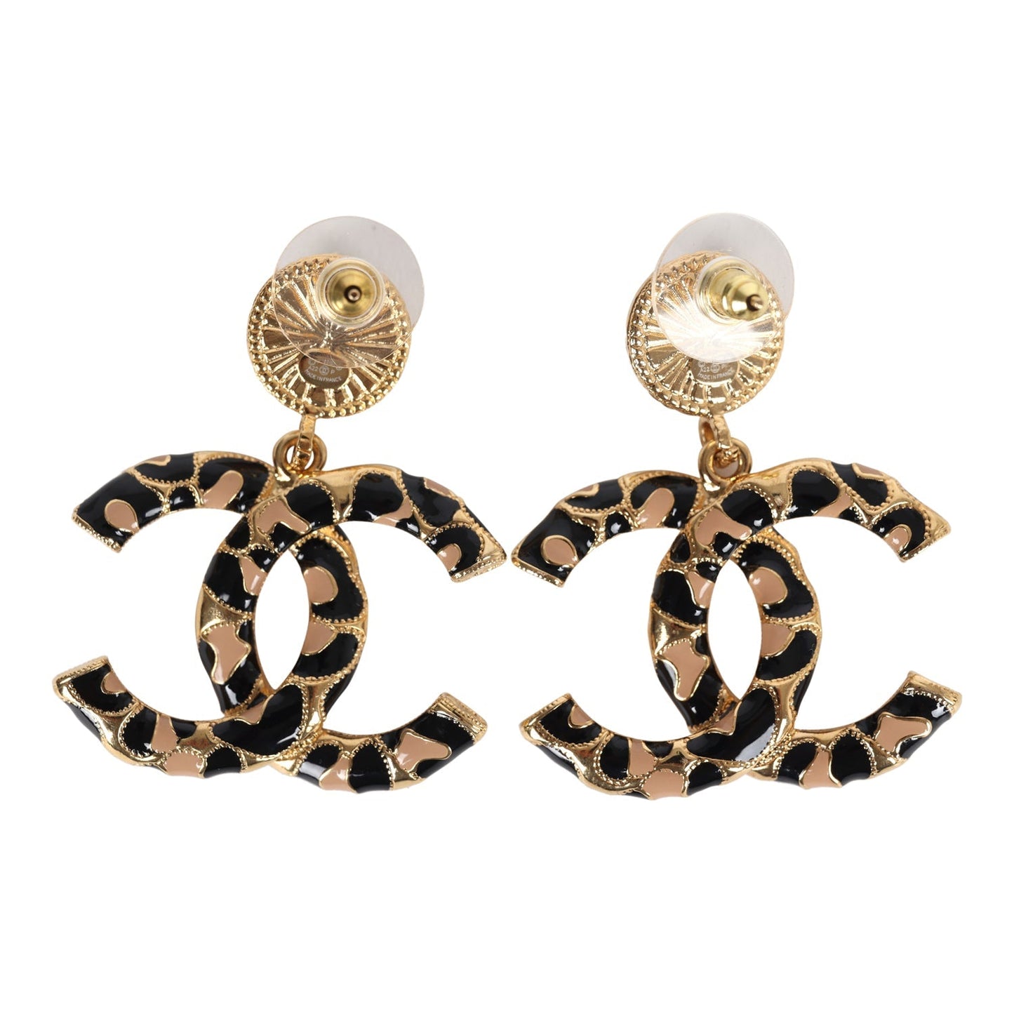 Chanel Large Leopard Print CC Dangle Earrings Black/Brown Enamel Gold Hardware