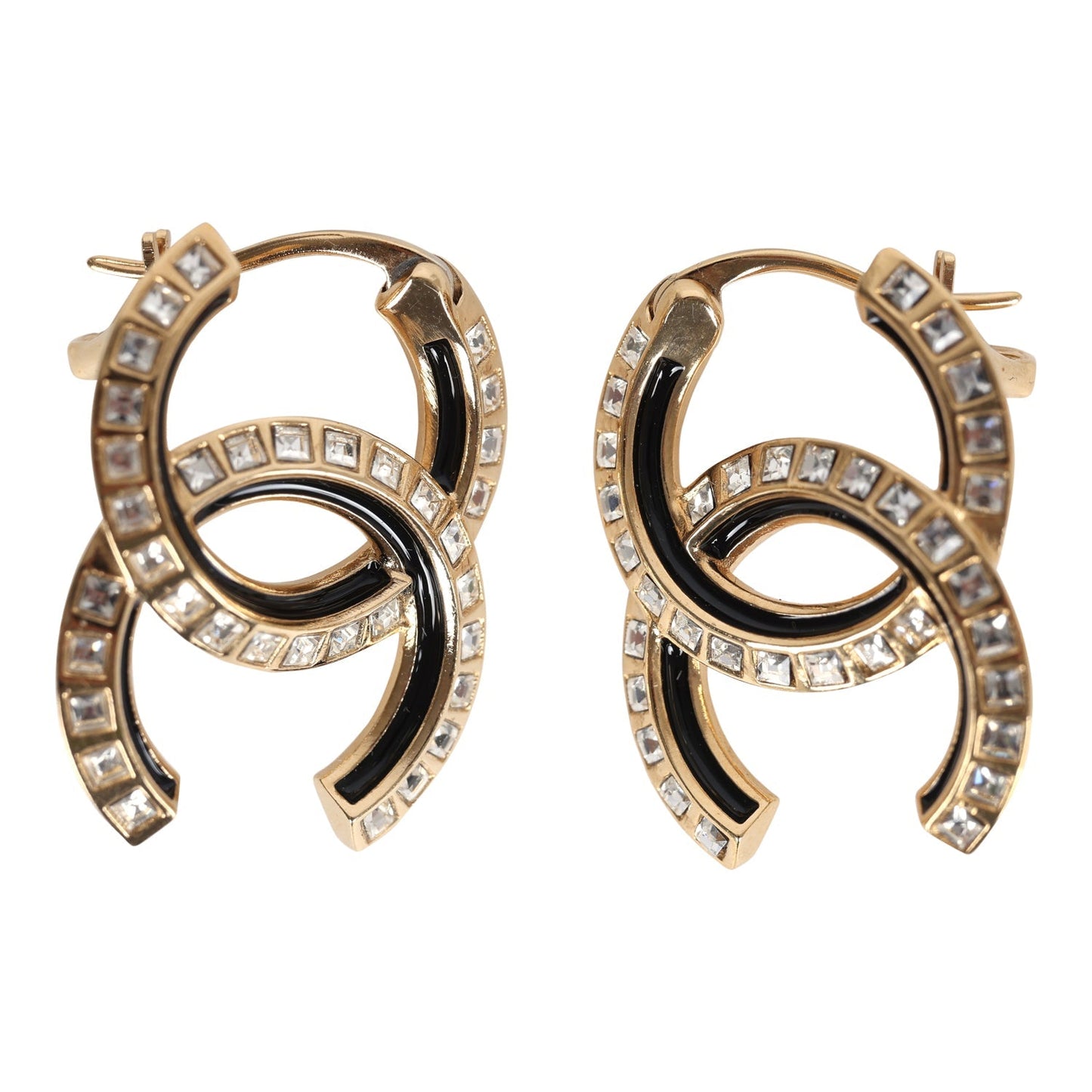 Chanel Crystal CC Earrings Black Enamel & Gold Hardware
