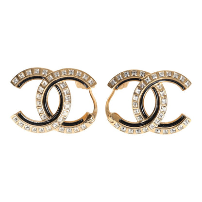 Chanel Crystal CC Earrings Black Enamel & Gold Hardware