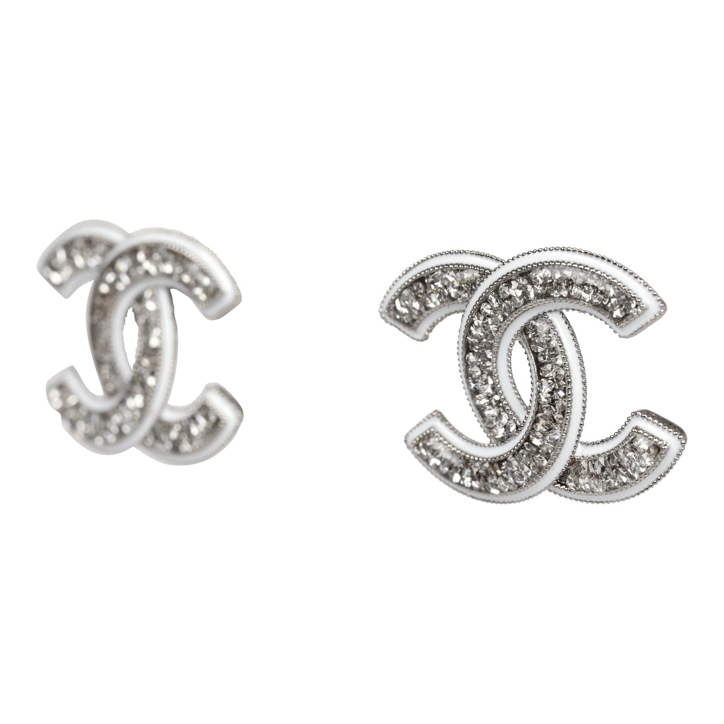 Chanel Large Lucite CC Crystal Stud Earrings White Enamel and Silver Hardware