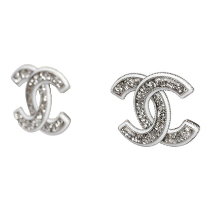 Chanel Large Lucite CC Crystal Stud Earrings White Enamel and Silver Hardware