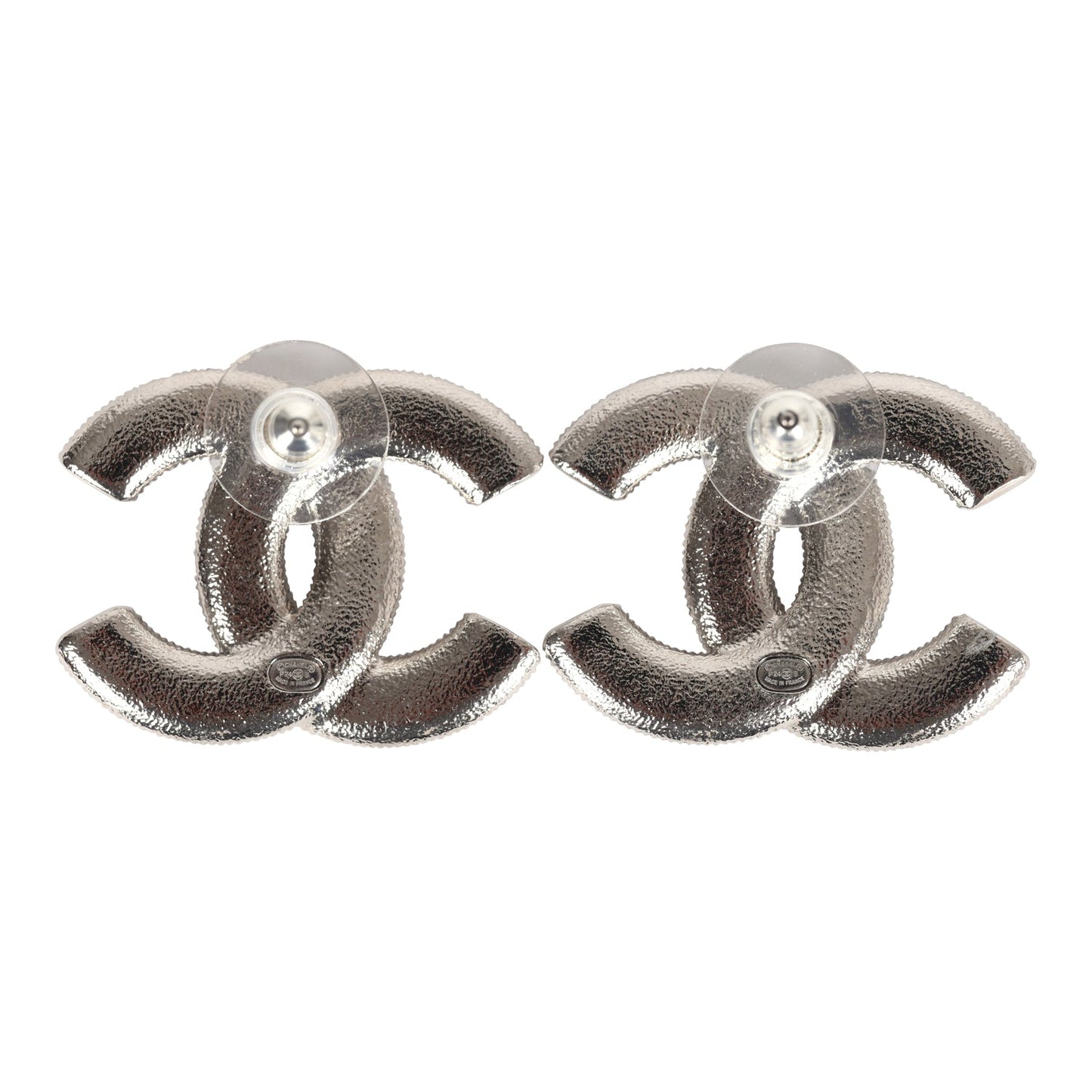 Chanel Large Lucite CC Crystal Stud Earrings White Enamel and Silver Hardware