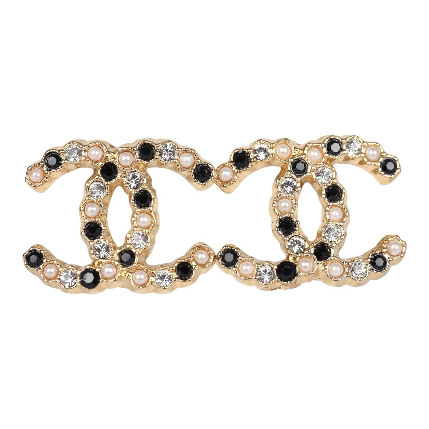 Chanel CC Crystals & Resin Pearls Stud Earrings Black and White Gold Tone Metal