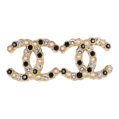 Chanel CC Crystals & Resin Pearls Stud Earrings Black and White Gold Tone Metal