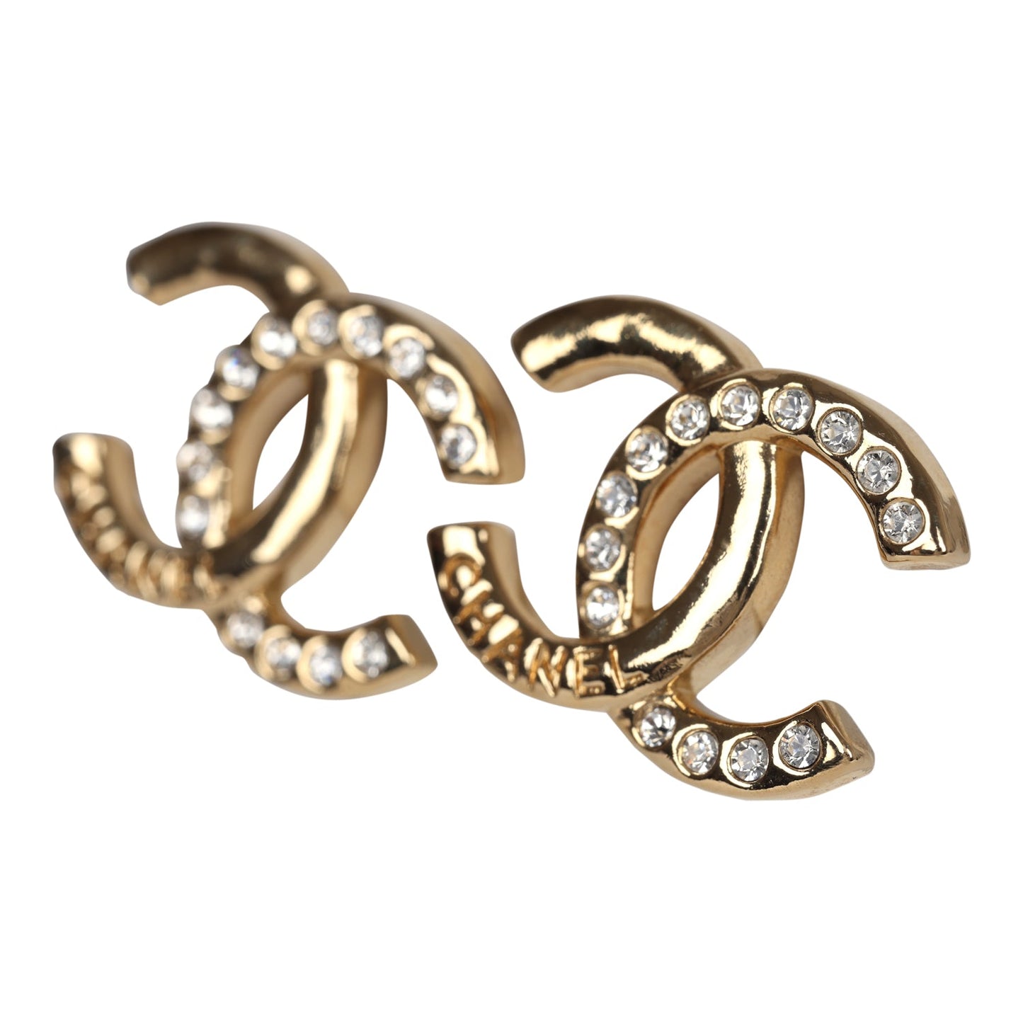 Chanel Crystal CC Stud Earrings Gold Tone Hardware