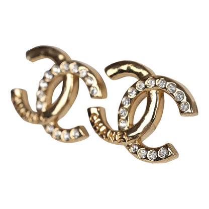 Chanel Crystal CC Stud Earrings Gold Tone Hardware