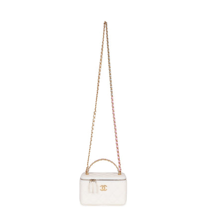 Chanel Small Vanity Case White Lambskin Leather Antique Gold Hardware