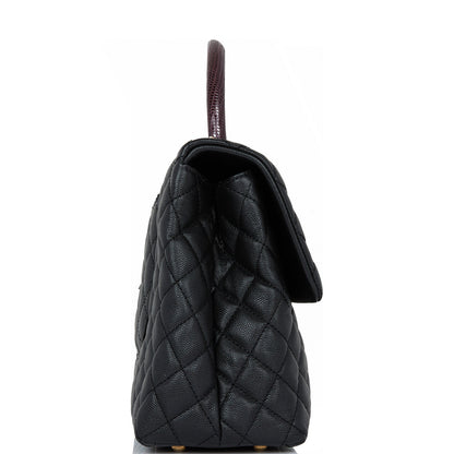 Chanel Large Coco Handle Flap Bag Black Caviar Lizard Handle Antique Gold Hardware